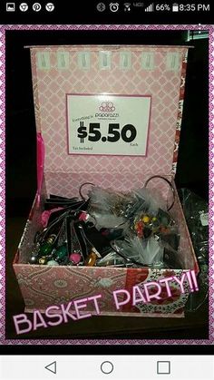 a pink box filled with assorted items and the words basket party on it's side