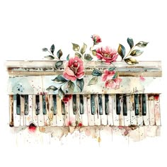 a watercolor painting of an old piano with flowers on the top and bottom part