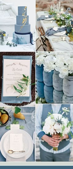 blue and white wedding decor with flowers in mason jars, napkins, candles, plates