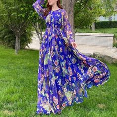 Cap Point Dresses Blue / S Amelia Loose Floral Flowy Chiffon Printed Maxi Dress Islamic Clothes, Long Dress Summer, Fashion Abaya, Maxi Dress Floral, Decoration Flowers, Chiffon Fashion, Dress Flower, Chiffon Long Sleeve, Abaya Fashion