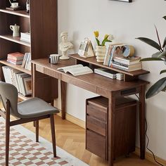 a wooden desk with books and magazines on it