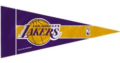 the los angeles lakers logo is shown on a purple and yellow pennant