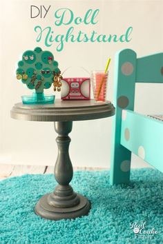 a table that has some items on it and the words diy doll nightstand above it