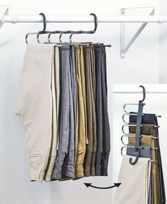 a rack with pants hanging from it's sides