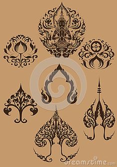 an ornate set of design elements in brown and black on a beige background, with the image