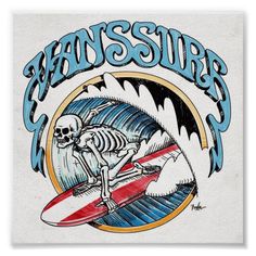 a drawing of a skeleton riding a surfboard with the words seashore on it