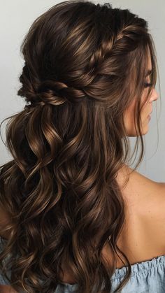 Bridesmaid Hairstyles Long Brown Hair, Half Up Do Brown Hair, Wedding Hairstyles Thick Brown Hair, Bridesmaid Hairstyles Down Brunette, Bridesmaid Curled Hairstyles, Bride Hairstyle With Braid, Wedding Hair With Braid Down, Hairstyles For Long Hair For A Wedding, Soft Curls With Braid