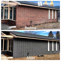 before and after photos of a brick house