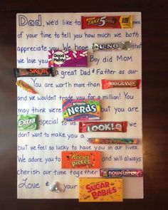 a letter to dad with candy bars on it