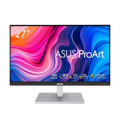 the asus proat monitor is shown on a white background with colorful swirls