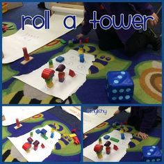 several pictures of different shapes and sizes of dices on the floor with words roll a tower