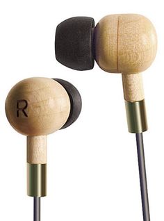 two wooden ear buds with the letter r on each side and one has a black headphone