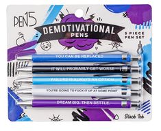 four pens are in the package with purple and blue writing on them, including one for each