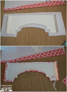 two pictures of the front and back sides of a white shelf with red flowers on it