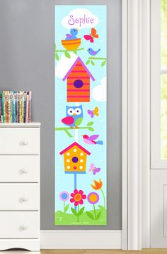 Canvas Growth Chart with Birds, Birdhouses, Butterflies and Flowers Canvas Growth Chart, Toddler Comforter, Birds Nests, Kids Growth Chart, Height Growth, Kids Comforters, Personalized Growth Chart, Baby Birds, Owl Collection