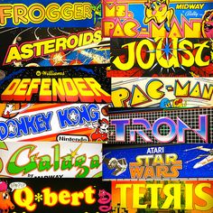 a collage of posters with different font styles and colors on them, including letters from the 80s's