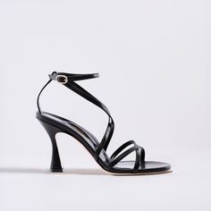 Material: Nappa Leather Color: Black Style: Sandals Heel: 85mm (3.3") Made in Italy Brushed Gold Hardware, Black Flare, Stiletto Sandals, Digital Gifts, Cushion Design, Black Style, Nappa Leather, Strappy Sandals, Stiletto Heel