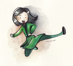 a watercolor painting of a woman in green dress kicking a soccer ball with her foot