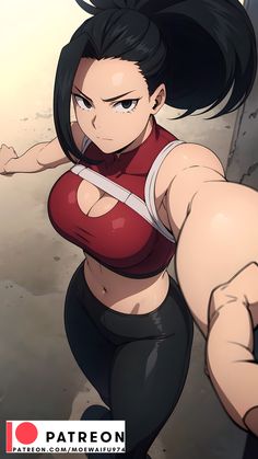 an anime character with black hair and no shirt on is posing for the camera while holding her arm out