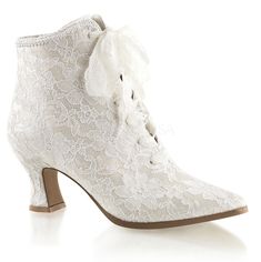 This is a listing for a new pair of 2.75" Ivory/Off White Lace Ankle Boots.  These heels are made by Fabulicious and the style name is Victorian-30.  Available colors: Champagne, Ivory Available sizes: US woman's sizes 6, 7, 8, 9, 10, 11, 12  Use the drop down menus above to select your color and size.  If you need help converting your international shoe size, please refer to the manufacturer's shoe size conversion chart below. **If you should have any questions or concerns regarding your purcha Funtasma Shoes, Cowgirl Boots Wedding, Brides Shoes, Beautiful Wedding Shoes, Lace Costume, Victorian Boots, Lace Ankle Boots, Bridal Boots, Ivory Shoes