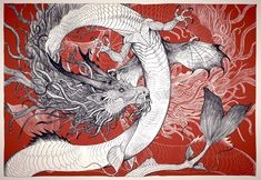 a red and white drawing of two dragon's in the air with their tails curled up