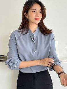 Dusty Blue Elegant Collar Long Sleeve Polyester Plain Shirt Embellished Non-Stretch  Women Tops, Blouses & Tee Womens Smart Shirt, Formal Blouses For Teens, Soft Blouses Classy, Business Women Blouses, Blue Office Shirt Women, House Parties, Look Rose, Formal Tops, Blouse Sale