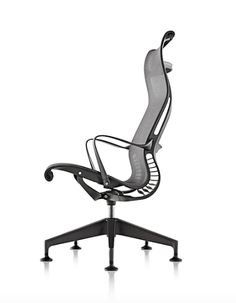 an office chair with black frame and grey leather upholstered seat, viewed from the front