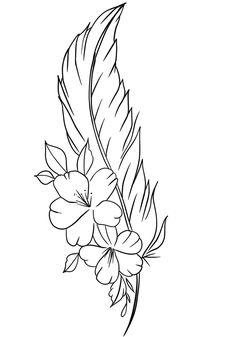 a black and white drawing of a feather with flowers on the tip of its tail