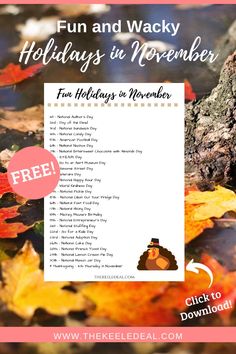 a flyer for the holidays in november is shown with leaves on the ground and text that reads