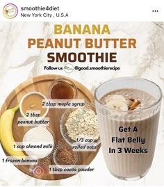 a banana and peanut butter smoothie recipe on a plate with ingredients to make it