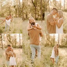 a man and woman kissing in the middle of a field with tall grass, surrounded by trees