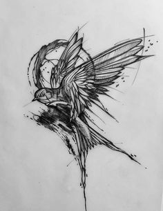 a black and white drawing of a bird with wings