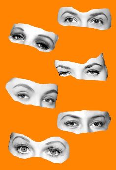 an orange background with multiple images of woman's eyes