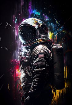 a man in an astronaut suit with paint splatters on the background