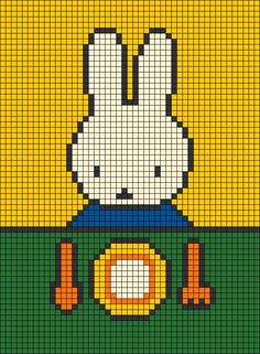 a pixellated image of a rabbit wearing a green shirt and blue pants, with yellow background