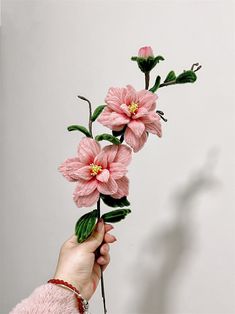 a person holding pink flowers in their hand