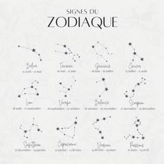 zodiac signs and their names on a white background with black stars in the sky,