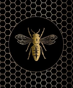 a golden bee on a black background with hexagonal grids in the center