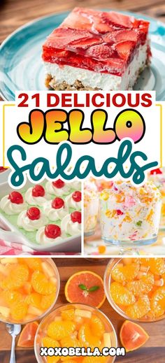 Salads with jello Fruit Gelatin Desserts, Jello Ideas Desserts, Jello With Marshmallows, Summer Jello Desserts, Peach Jello Dessert, Jello Desserts Easy, Jello Parfait Recipes, Dessert With Jello, Jello Cheesecake Recipes