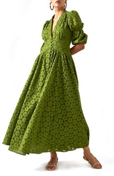 Free shipping and returns on Cult Gaia Willow Eyelet Maxi Dress at Nordstrom.com. A ladylike maxi dress in cotton eyelet makes a striking retro statement with puffed sleeves and a banded waist that highlights your figure. Elegant Green Dress, Elegant Green Dresses, Evening Maxi Dresses, Dragon Dress, Mexican Boho, Eyelet Maxi Dress, Dress 2022, Fashionable Dresses, High Low Maxi Dress