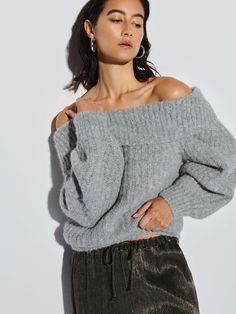 Stay warm and look good doing it in this folded, off-the-shoulder, balloon-sleeve sweater. Style tip: Pair with your favorite denim for that always cool, off-duty look. (This one comes in Dove Gray Heather.) | Women's Serena Sweater Top in Dove Gray Heather | Ethical Essentials Shrunken Sweater, Junior Girl Dresses, Fabric Spray, Knit Alpaca, Sweater Style, Off Shoulder Sweater, Active Wear Shorts, Brand Board, Dresses Kids Girl