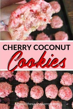 cherry coconut cookies on a cookie sheet with the title overlay