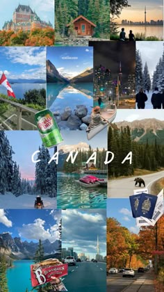 a collage of photos with the words canada written in different languages and pictures of trees