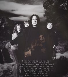 an image of three people standing in front of a black and white background with a quote from harry potter