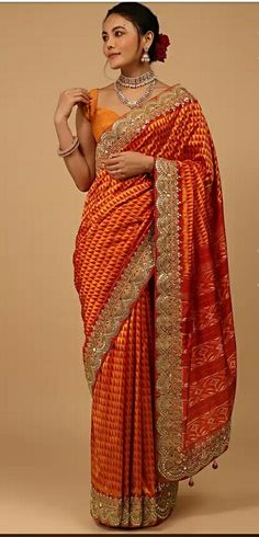 Want to drape a saree for ganesh Pooja or haldi ceremony, you can go ahead with this beautiful saree. Yellow Colour Combination, Ikat Embroidery, Drape A Saree, Ganesh Pooja, Yellow Color Combinations, Mars Red, Fire Orange, Orange Saree, Straight From The Heart