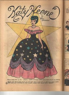 an old fashion magazine cover with a woman in a dress and stars on the front