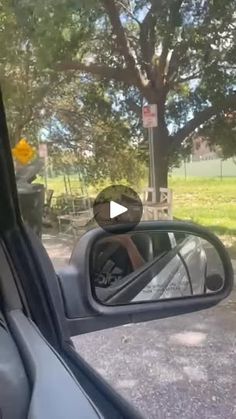 the rear view mirror of a car with trees in the back ground and grass behind it