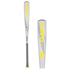 a close up of a baseball bat with yellow lettering on the bottom and inside of it