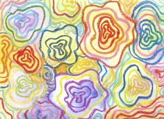 an abstract painting with many different colors and shapes on it's surface, including swirls