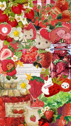 a collage of strawberries, strawberrys and flowers